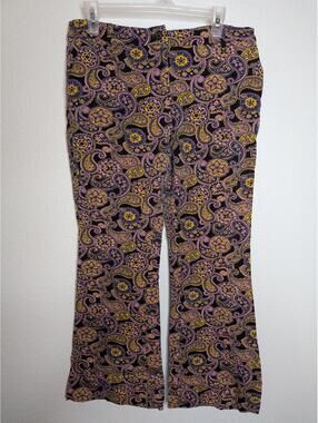 ModCloth Paisley Flare Pants Size 14 Retro Boho Purple Yellow Bootcut Trousers